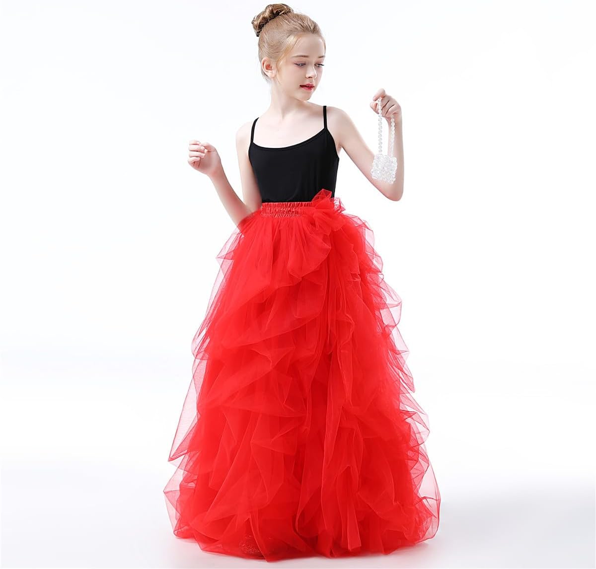 Qmker Girls Long Tutu Skirts Princess Slit Dress Candy Color Tulle Maxi Floor Length for Birthdany Party Handmade (6,Red)