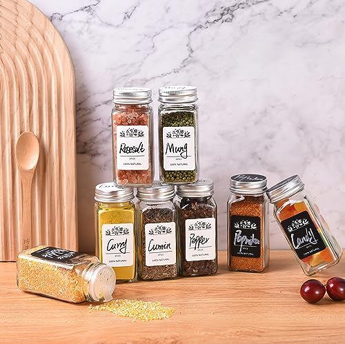 Foto von FNLLC Gewürzgläser Eckig mit Streueinsatz 24er Set,Gewürzdosen 120ml Gewürz Organizer - Gewürzstreuer - Gewürzbehälter Glas für Gewürzregal mit Bedruckte Etiketten - Gewürzglas Spice Jars