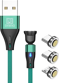 DAIAD USB充電ケーブル マグネット式 7PIN 1m データ転送対応 回転構造 LED付き ナイロン編組 Type-C×2 / MicroUSB×1 (グリーン)