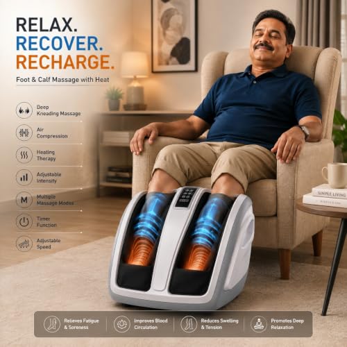 Image of JSB HF04 Leg Massager for Pain Relief in Foot & Calf with Human Hands Like Pressing, Heat, Vibration & Reflexology Rollers (White-Blue)