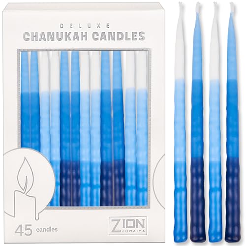 Bougies Chanukah Zion Judaica fait main à côtes bleues pour fête juive