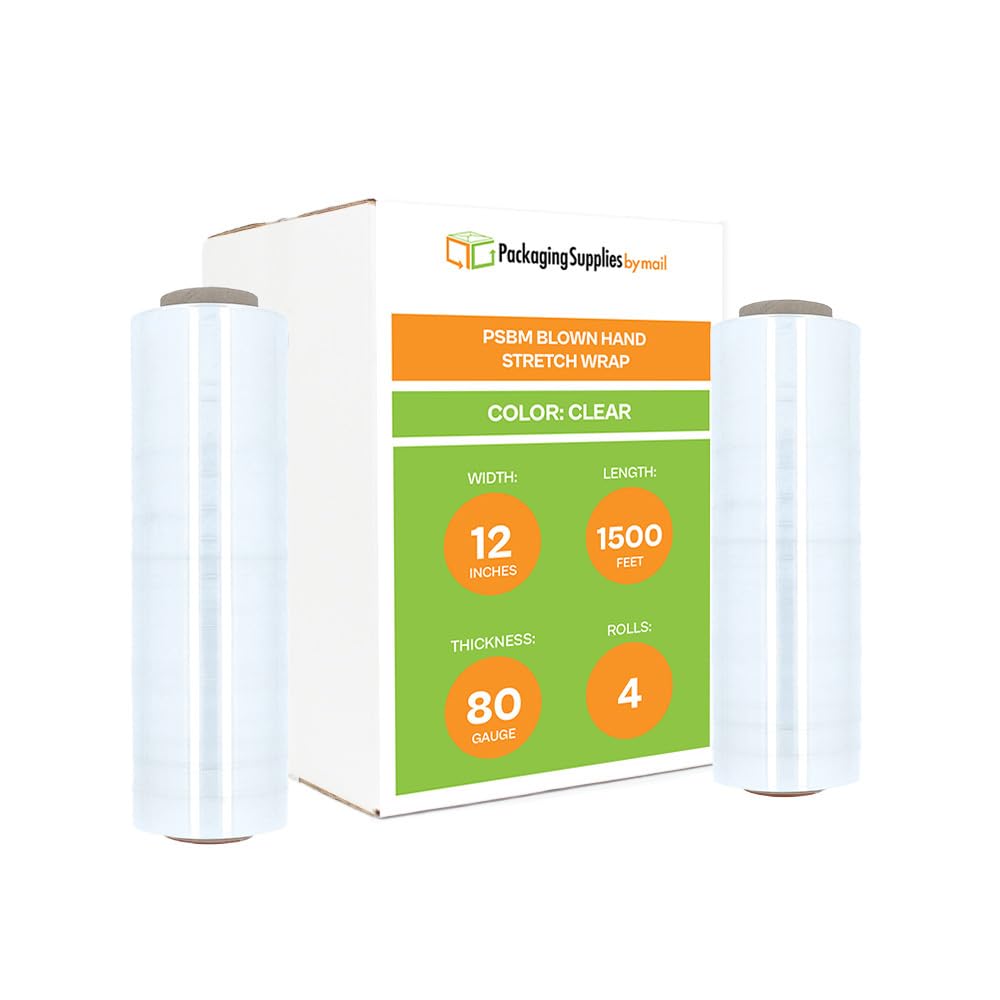 PSBM Stretch Wrap, 4 Pack, 12 Inch x 1500 Feet, 80 Gauge, Clear Plastic Cling, Blown Hand Stretch Film Rolls for Packaging Moving Packing Pallets