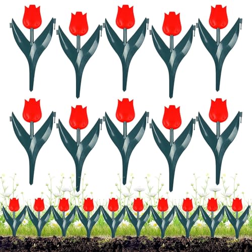 Lot de 10 clôtures à lamelles en plastique avec fleurs de tulipe, bordures de jardin, bordures de jardin sans creuser, convient pour parterres de fleurs, pelouses, clôtures, tulipes décoratives