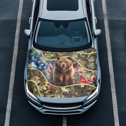 Image of Car Hood Cover Protector Stretchable Car Hood Wraps Auto Banner Bear American Flag Auto Decorative Accessories for Compact Sedans SUV Trucks (59x39 Inch)