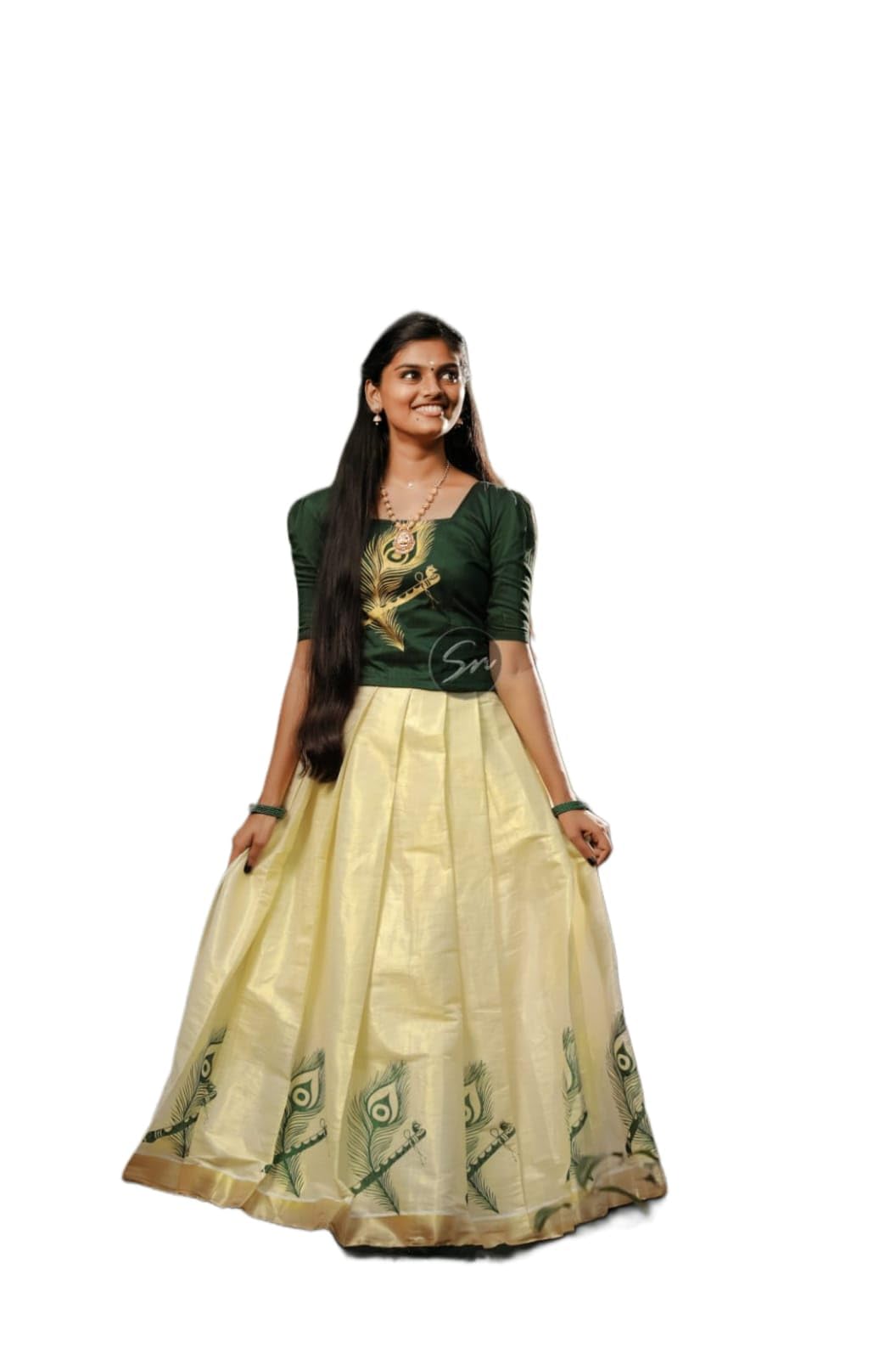 Golden/Silver Tissue Pavada Top Set with Slub Silk Top – Unstitched Ethnic Skirt & Top with Printed Designs and Matching Border for Girls-image-44