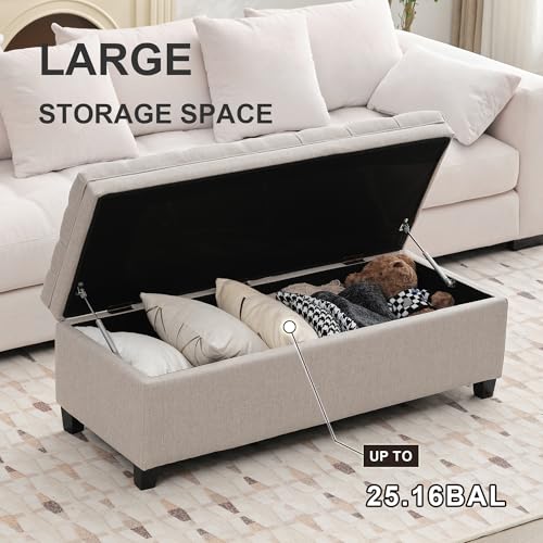 Image of 51 inch Storage Ottoman for Bedroom & Living Room, End of Bed Bench with Black Wooden Legs, Linen Upholstered Tufted Ottoman, Entryway Storage Bench, Beige
