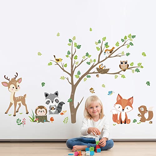 decalmile Wandtattoo Waldtiere Baum Wandaufkleber Fuchs Hirsch Eule Wandsticker Babyzimmer Kinderzimmer Schlafzimmer Wanddeko