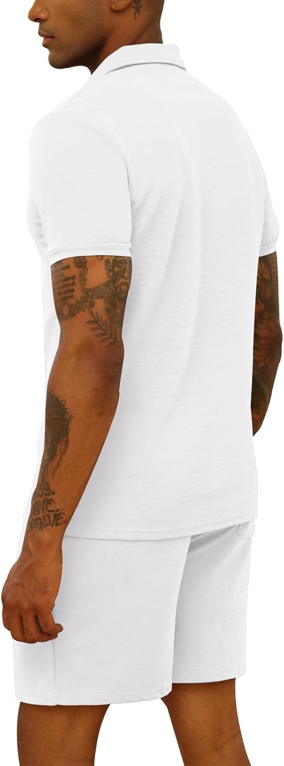 Mens 2 Piece Zip Tracksuit Short Sleeve Printed Polo Shirt and Shorts Pants Sets Summer Casual Outfits for Men - Image 4