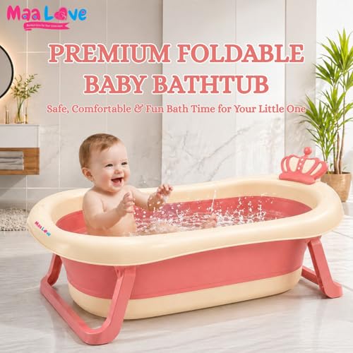 Image of Premium Foldable Baby Bathtub with Soft Cushion for Newborn, Infant & Toddler, Non-Slip Base, Easy Drain Plug, Portable Space Saving Bath Tub (Pink)