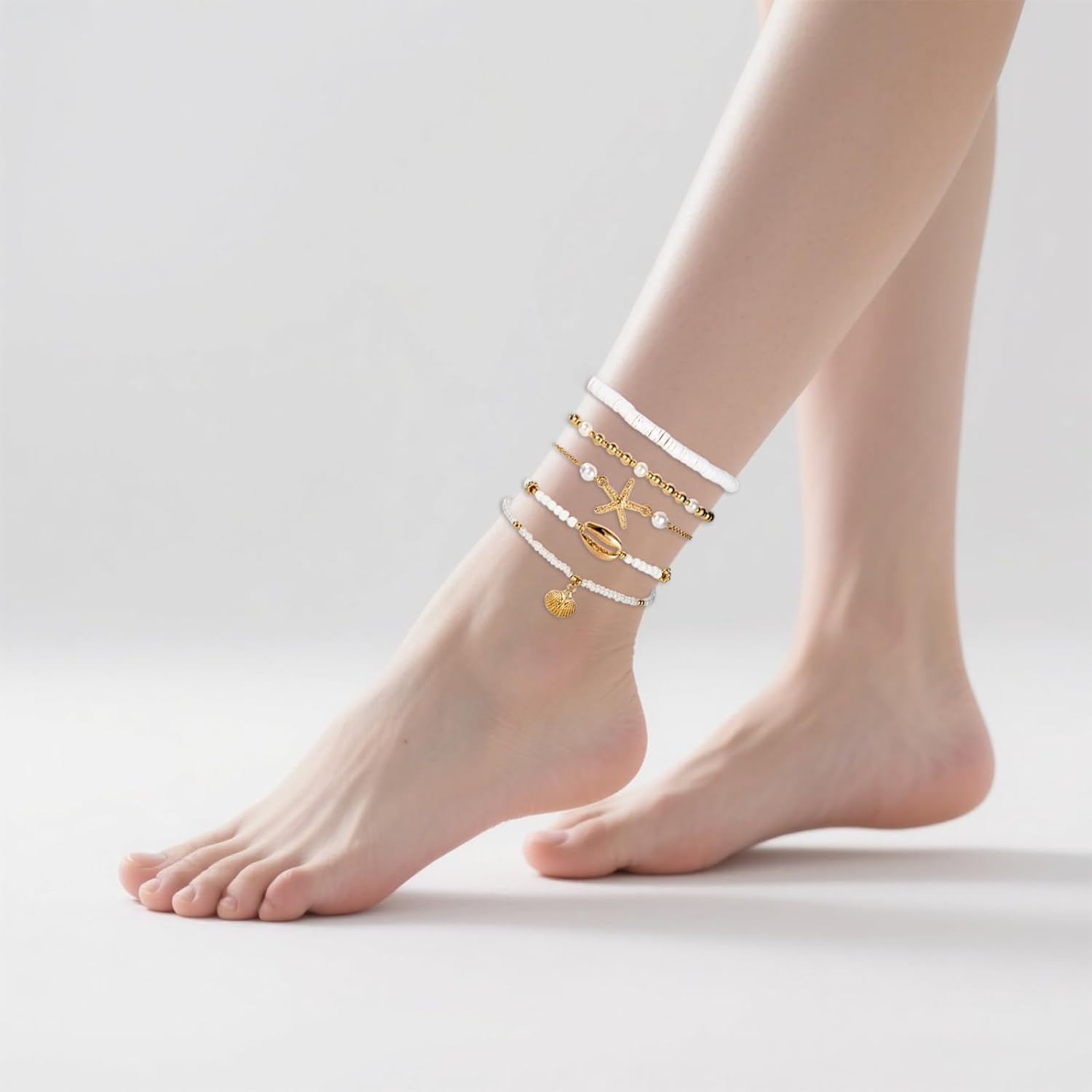 Bead Ankle Seashell Bracelets Set for Women, Adjustable Boho Gold Beach Anklets with Pearl Conch Starfish Shell Disc Charms Hawaiian Foot Jewelry for Summer Fashion Gifts - Image 6