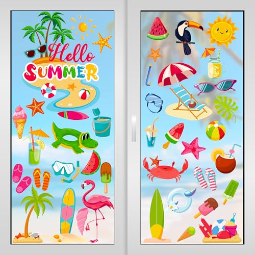 Image of Traplace 9 Sheets Summer Window Clings, Double Sided Summer Window Clings for Glass Windows, Hello Beach Decals, Sun Watermelon Pattern Stickers for Home Office Accessories Decorations