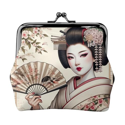 Pu Leather Buckle Coin Purse Japanese-Geisha Girls Kiss-Lock Change Purse Wallets