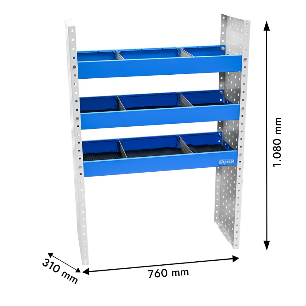 Syncro System Kit scaffalatura furgone Berlingo Partner Kangoo Ducato Boxer Jumper Transit Sprinter – 3 ripiani divisori alluminio antina vano passa-ruota 76x108x31 cm