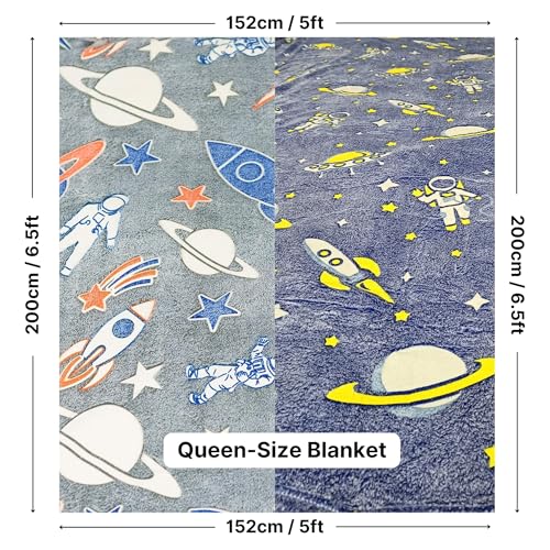 Image of Famyo Glow in The Dark Flannel Fleece Blanket Combo 200x152 cm | Astro & Rocket design, soft all-season double /queen bed blanket, warm cozy throw for kids & home