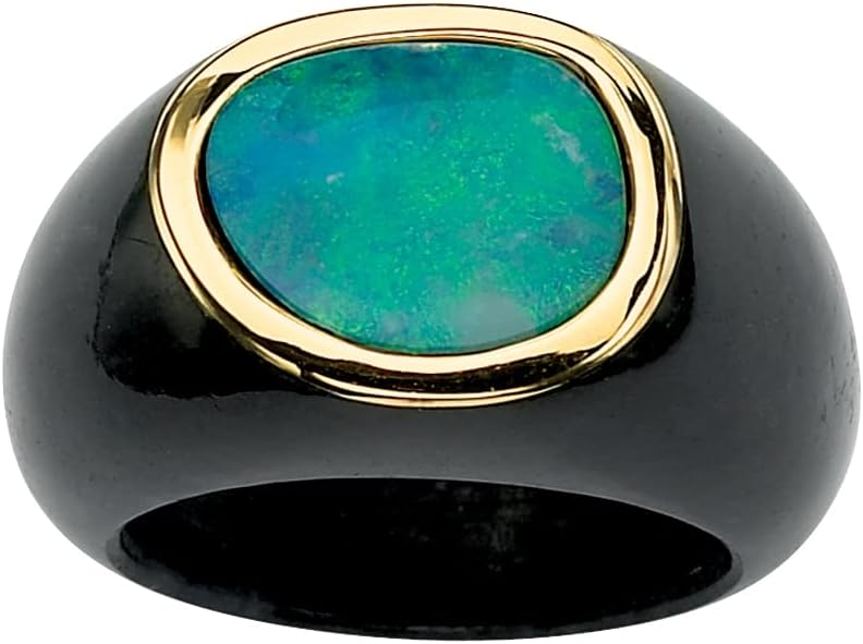 PalmBeach 10K Yellow Gold Oval Shaped Genuine Blue Opal and Genuine Black Jade Cabochon Ring Sizes 6-10