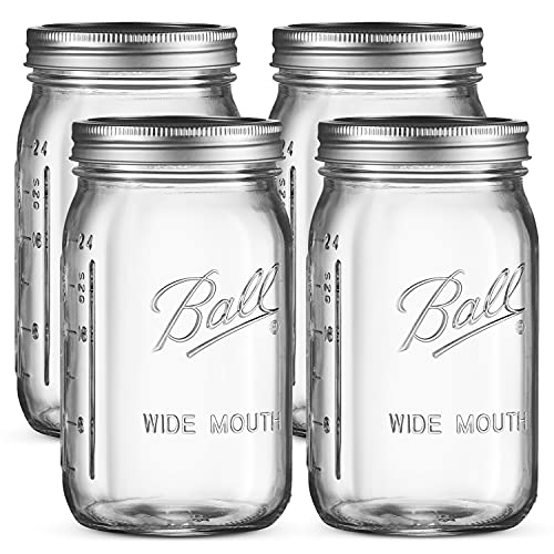 Ball Wide Mouth Mason Jars 32 oz [4 Pack] With mason jar lids and Bands, Ball mason jars 32 oz - For Canning, Fermenting, Pickling - Jar Decor - Microwave/Freeze/Dishwasher Safe + SEWANTA Jar Opener