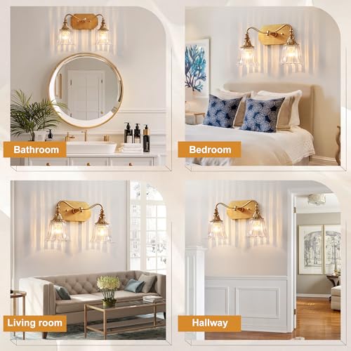 Image of LmnLvn Brushed Gold 2-Light Bathroom Light Fixture, Crystal Glass Shade