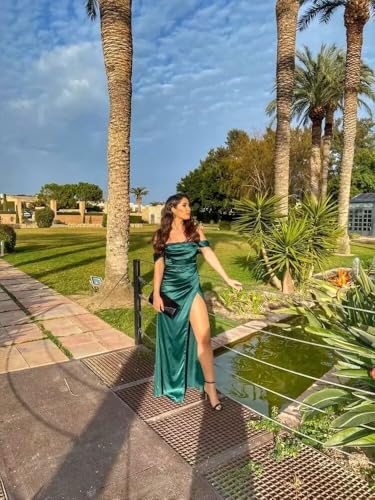 Women's Off Shoulder Satin Bridesmaid Dresses Spaghetti Straps Long Mermaid Formal Dresses with Slit RA0184