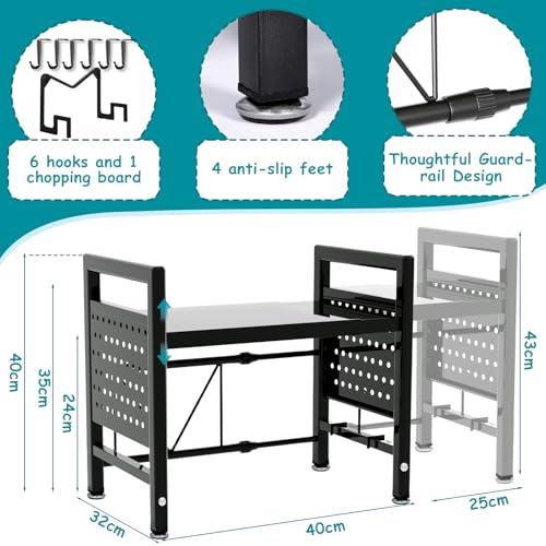 BBLTIFF Soporte Extensible para Microondas de 2 Niveles, Soporte Microondas Extensible 40-65cm, Estante Microondas, Mueble para Microondas con Soporte para Tabla de Cortar, 6 Ganchos (Negro) - imagen 3