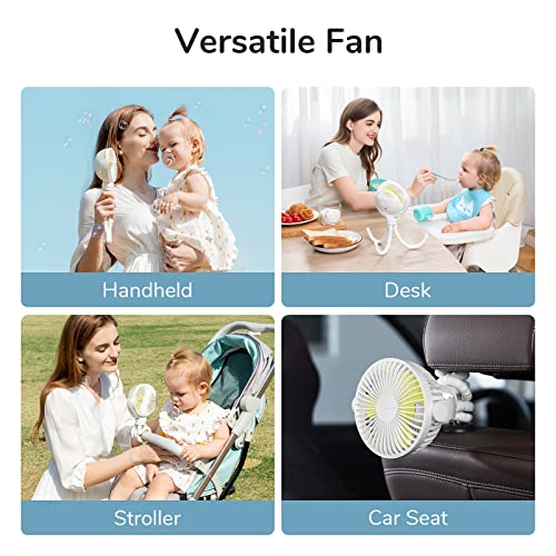 Image of JISULIFE Portable Stroller Fan 4000mAh Battery Operated with 4 Speeds, USB Rechargeable Mini Fan with 360Rotatable Flexible Tripod for Handheld /Desk /Car Seat /Treadmill /Travel -Starlight White