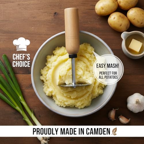 Image of CAMDEN Potato Masher Stainless Steel with Wooden Handle | Heavy Duty Strong Grip | Rust Proof Kitchen Vegetable Masher