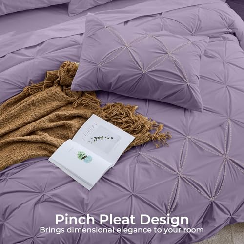 Image of Sasttie Queen Comforter Set, 7-Piece Bed in a Bag, Pintuck Bedding Sets for All Season, Includes Comforter, Flat Sheet, Fitted Sheet, Pillowcases and Pillowshams, New Purple