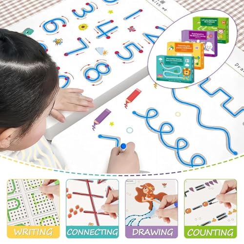 Image of LUFJIKA 64 Pages Magical Tracing Workbook Set, Hand Writing Pen Control Training Book for Learning to Write The Alphabets & Numbers, Preschool Educational Reusable Learning Book for Kids