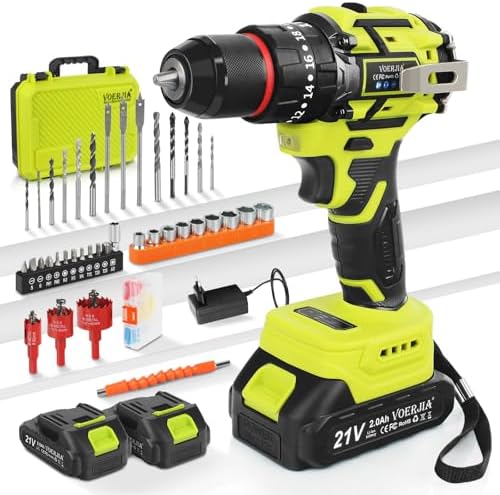 VOERJIA 21V Akkuschrauber Set, Bürstenlose Akku bohrhammer mit 2*2000 mAh Akku, 3/8" Bohrfutter, 20+3 Drehmoment, Max 65 N.m Akku Bohrmaschine, Led lichter & 2-Gang, 46PCS zubehör