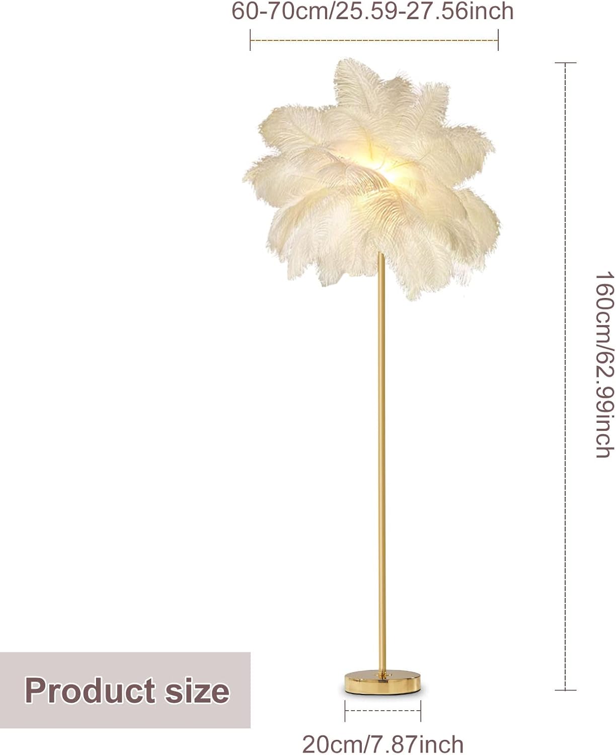 Natural Ostrich Feather Lamp - 62" Modern Standing Floor Lamp with White Feather Shade, LED Bulb for Bedroom & Living Room Decor