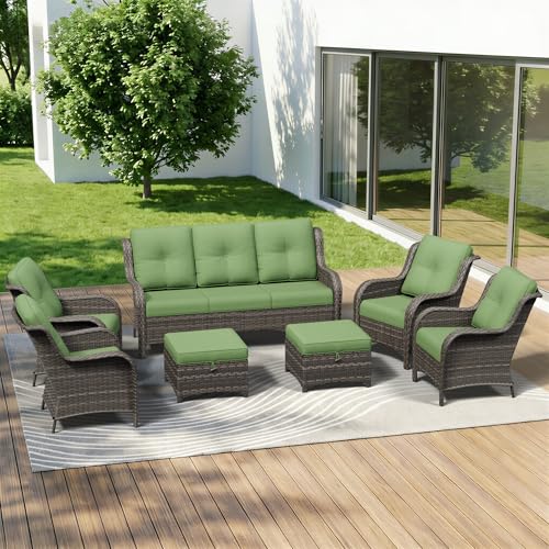 Image of 7 Piece Outdoor Wicker Patio Furniture Set, Patio Chairs Set with Thickened Olefin Cushions, High Back and Deep Seating, Hand-Woven PE Rattan, Ottoman for Porch, Deck