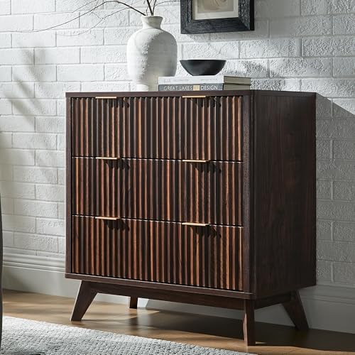 Image of T4TREAM Fluted 3 Drawer Dresser, 32 inch Tall Modern Chest of Drawers, Curved Profile Design, Wood Drawer Organizer for Bedroom, Living Room, Hallway, Entryway, Dark Walnut