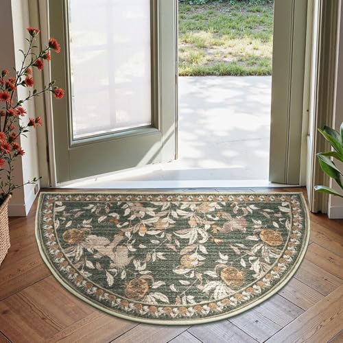 jinchan Eden Botanical Vintage Washable Small Area Rug 2x3 Half Circle Floral Entryway Rug Low Pile Soft Non Slip Doormat Dirt Trapping Carpet for Entrance Kitchen Bathroom Vanity Green