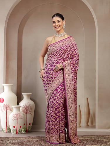Image of KISHORI Womens Purple Banarasi Jacquard Saree with Bandhani & Zari Weaving with Unstitched Blouse