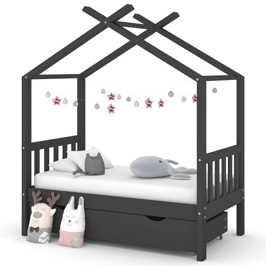 Cama infantil con cajón, color gris oscuro, madera maciza de pino, 70 x 140 cm, somier, espacio de almacenamiento, marco de cama, casa de juegos, habitación infantil