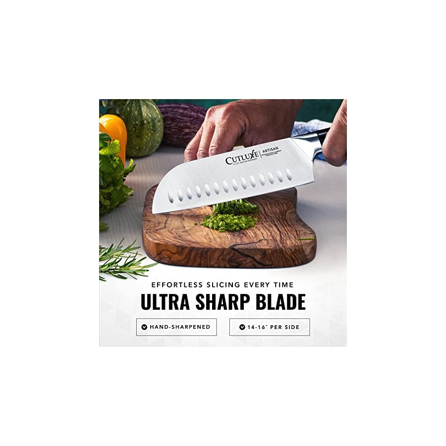 Cutluxe-Santoku-Knife--7-Chopping-Knife-Vegetable-Knife--Forged-High-Carbon-German-Steel--Full-Tang-Razor-Sharp--Ergonomic-Handle-Design--Artisan-Series Cutluxe Santoku Knife – 7" Chopping Knife, Vegetable Knife – Forged High Carbon German Steel – Sheath Included – Full Tang & Razor Sharp – Ergonomic Handle Design – Artisan Series