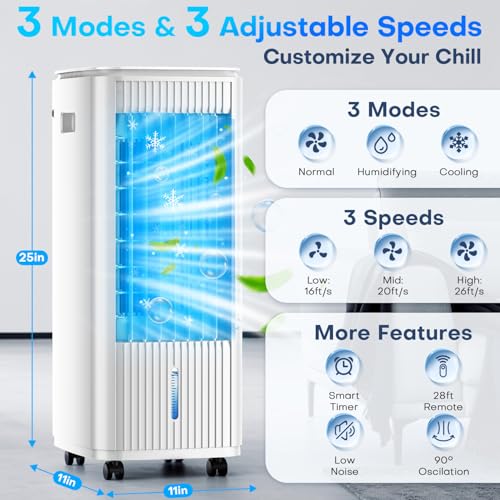 Image of Windowless Portable Air Conditioner w /Dual Tanks for 24H Cooling, 28ft Remote & Smart Timer, 120 Oscillation Evaporative Air Cooler, 3-Modes&3-Speeds Swamp Cooler Air Conditioner for Bedroom
