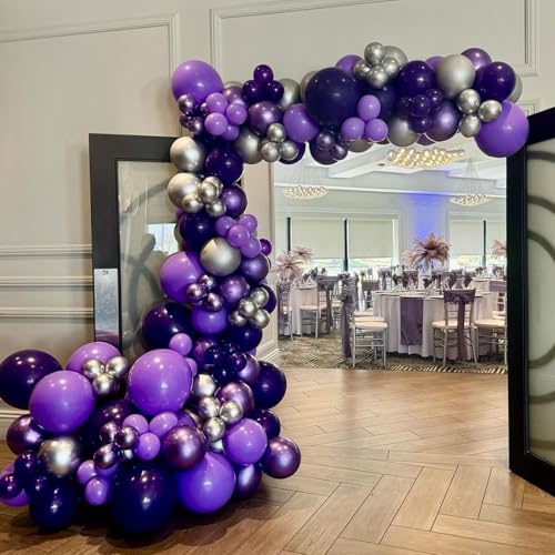 Image of Purple and Black Balloons, 67pcs 12 Inch Purple Black Silver Latex Balloons for Birthday Graduation Bridal Shower Halloween Party Decorations