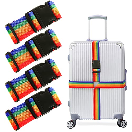 Suitcase Strap 4 Pack, Suitcase Belts Luggage Straps Personalised, Travel Straps for Luggage to Secure Bag to Suitcase Adjustable Rainbow Bag Strap