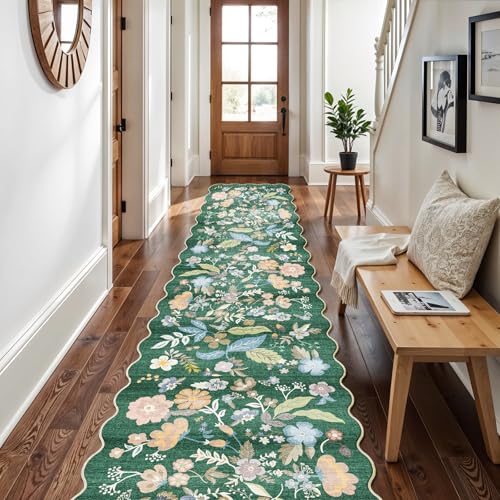 3x15 Hallway Runner Rug Washable: Non Slip Scalloped Floral Carpet Runner for Kitchen 15ft Long Floor Rugs for Indoor Entryway Boho Rug Runners for Living Room Bedroom (Green, 3x15)