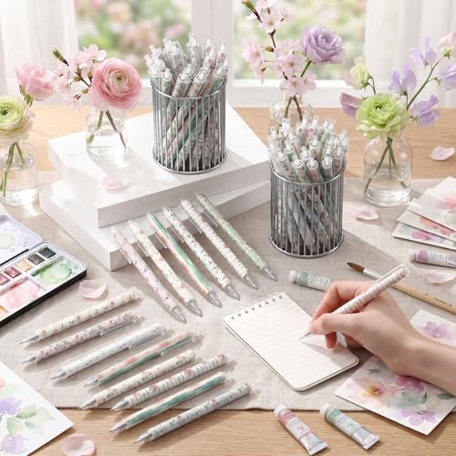 Image of Jetec 108 Pcs Back to School Floral Ballpoint Pens Cute Aesthetic Ballpoint Pens Retractable Office Supplies Gift for Teacher Journal Planning Notepad Desk Decor for Women Girls Staff Coworker