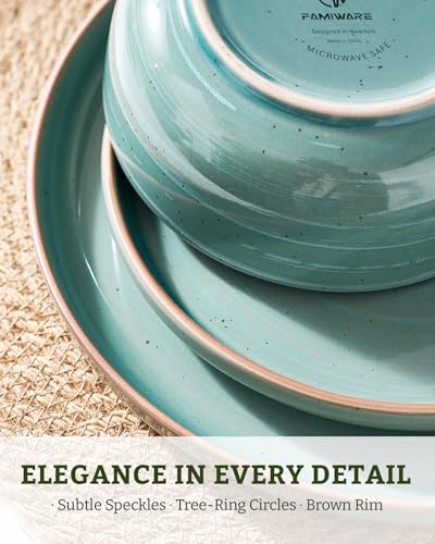 Image of Famiware Meteor Plates and Bowls Sets for 4, 12 Pieces Dinnerware Sets, Microwave and Dishwasher Safe Dishes Set, Peacock Green