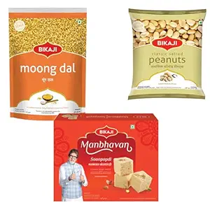 Bikaji Soan papdi manbhavan 500g & salted peanut 200g & moong dal 200g | Indian Sweet & Savory Snack Combo | 900g (31.74oz) Gift Pack