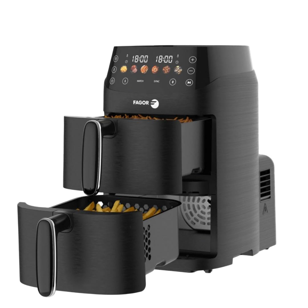 FAGOR - Freidora de Aire Caliente Air Fryer Doble Cesta - 2000W - Negro - Capacidad 5L = 2 * 2,5L - Temporizador 60 min - Control de temperatura: 80°– 200° - Mango aislante del calor - 6 programas
