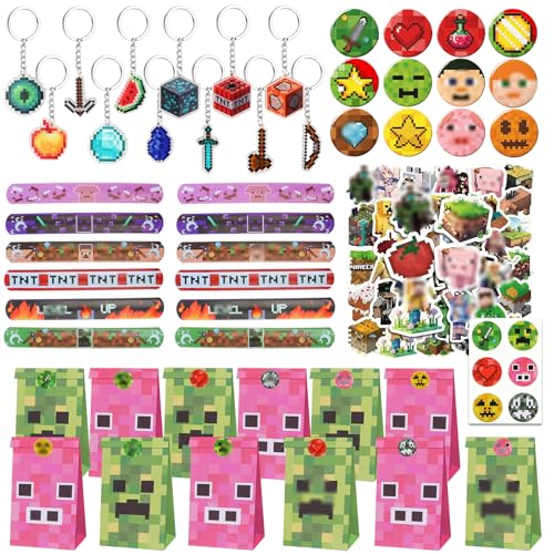 Ainvliya 98pcs Miner Party bag Fillers Game Birthday Gift with Slap Bands Stickers bags Badges Keychain Party Favours Supplies for Kids Boys Girls