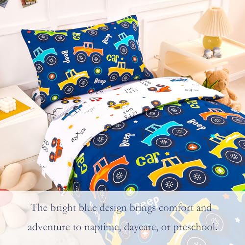 Image of PERFEMET Car Print Toddler Bedding Set 4 Pieces Blue Toddler Comforter Set for Boys Reversible Fluffy Cartoon Bed in A Bag, Includes Comforter, Flat Sheet, Fitted Sheet and Pillowcase