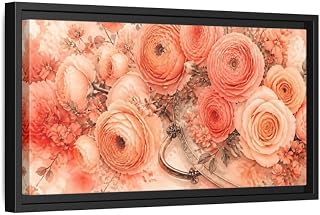 Floral Blush Flowers Framed Canvas Print Wall Art – watercolor Bedroom 20×10 inch (50×25 cm) - Horizontal/Black / 1.25 inch (3 cm)