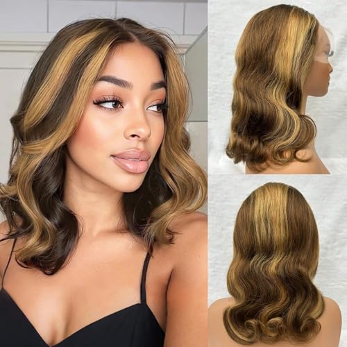 Honey Blonde Bob Wig Human Hair 14 Inch 13x4 Body...