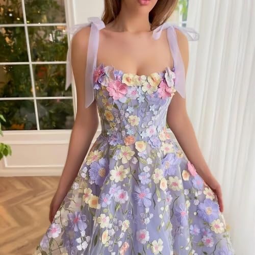 Jamille 3D Floral Prom Dresses 2024 Tulle Gowns with Pockets Long Spaghetti Strap Formal Dress Tea Length Fairy Gown JA0011 C2