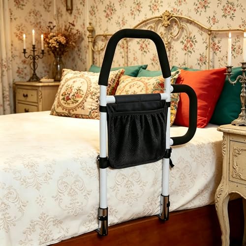 Barrière de Lit Adulte avec Double Poignée, Barre d’Appui de Lit pour Personnes Âgées et Handicapées, Aide au Lever Sécurisée avec Sac de Rangement, Main Courante Antidérapante, Charge 150 kg