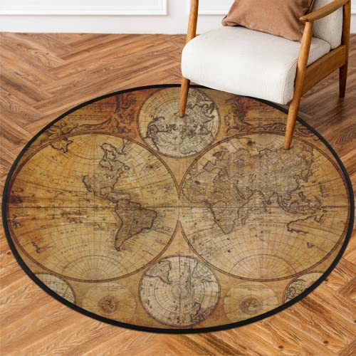 Vintage World Map Round Area Rug, Retro Education Map Large Circle Rugs Non Slip Round Floor Mat Soft Washable Carpet for Living Room Bedroom Indoor, 3 ft